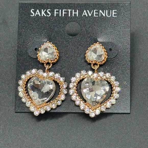 Elegant Saks Fifth Avenue Heart Crystal Post With Drop Crystal Heart Earrings - Picture 4 of 5